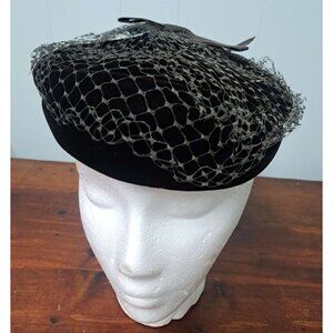 Vintage Velvet Birdcage Hat Beret Large 1950's Party Theater Derby Brown